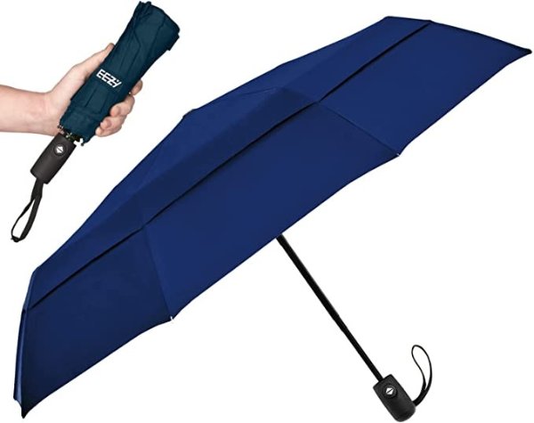 -Y Windproof Travel Umbrellas for Rain - Lightweight, Strong, Compact with & Easy Auto Open/Close Button for Single Hand Use - Double Vented Canopy for Men & Women