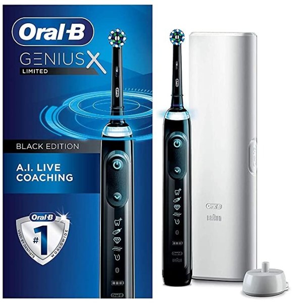 Genius X Limited, Rechargeable Electric Toothbrush with Artificial Intelligence, 1 Replacement Brush Head, 1 Travel Case, Midnight Black