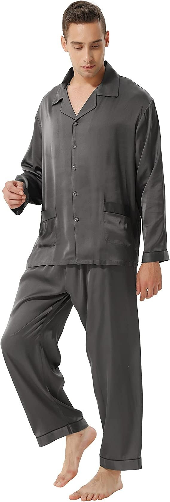 Men's Button Down Satin Pajamas Set Short Sleeves & Shorts Classic Silk Smooth Men's Loungewear for Summer