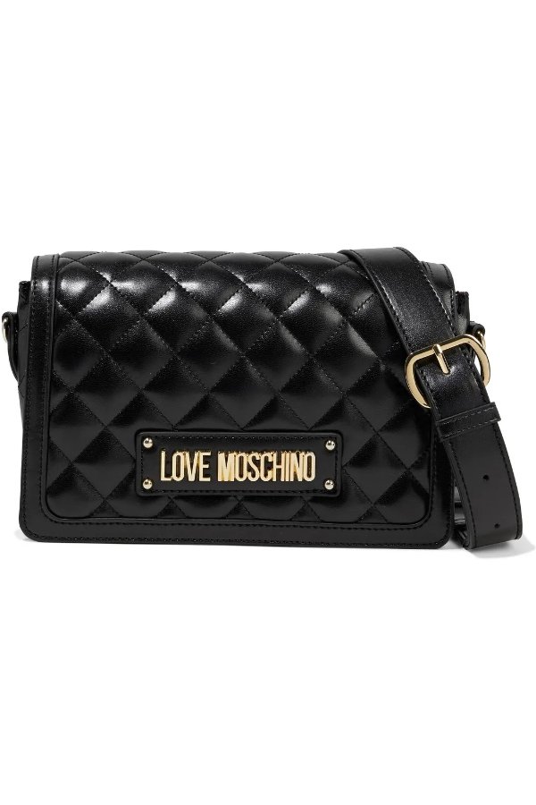 Quilted faux glossed-leather shoulder bag