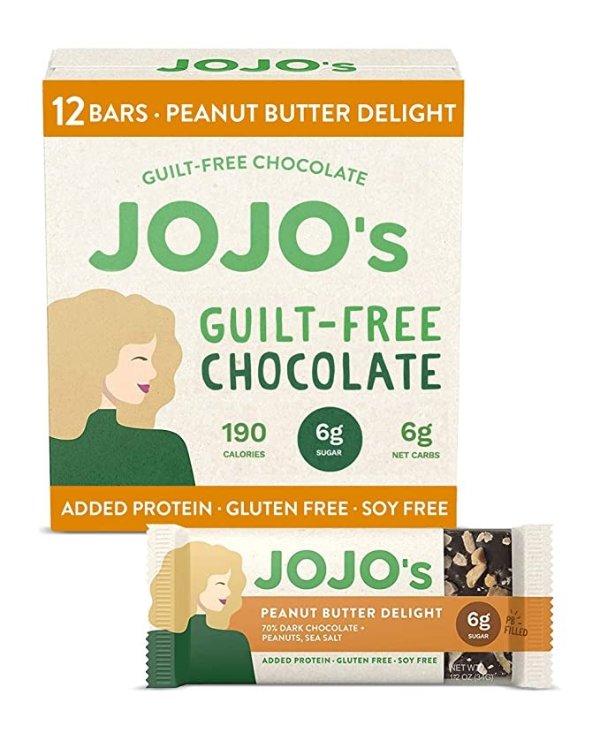 JOJO's Dark Chocolate Bars Made with Hemp, Plant Based Protein, Low Sugar, Low Carb, Vegan, Paleo & Keto Friendly, Healthy Snack, Peanut Butter Delight, 1.2oz Bar (12 Count Box)
