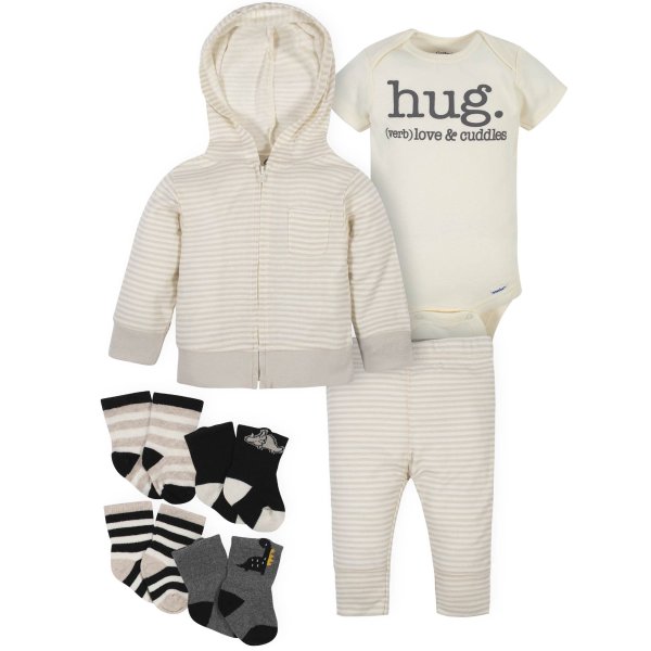 Baby Boy Organic Hooded Cardigan, Bodysuit, Pants & Wiggle-Proof Socks Set, 7-Piece