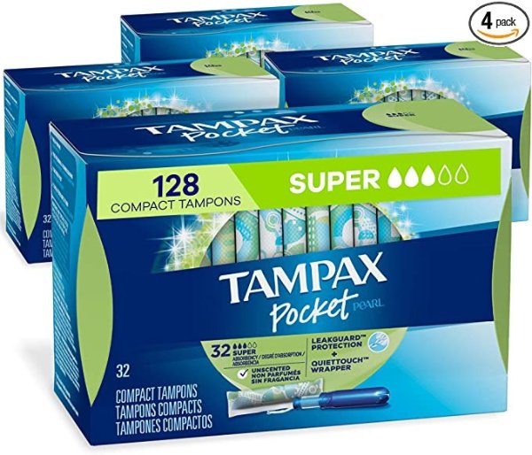 Pocket Pearl Plastic Tampons, Super Absorbency, 128 Count, Unscented (32 Count, Pack of 4 - 128 Count Total) (Packaging May Vary)