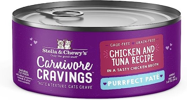 Stella & Chewy’s Carnivore Cravings Purrfect Pate Cans – Grain Free, Protein Rich Wet Cat Food – Chicken & Tuna Recipe – (2.8 Ounce Cans, Case of 24)