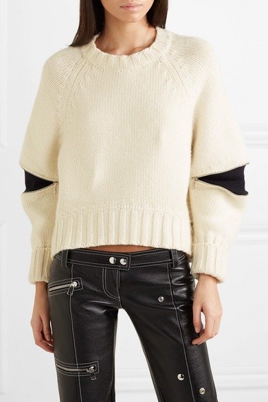 Zip-embellished two-tone wool sweater