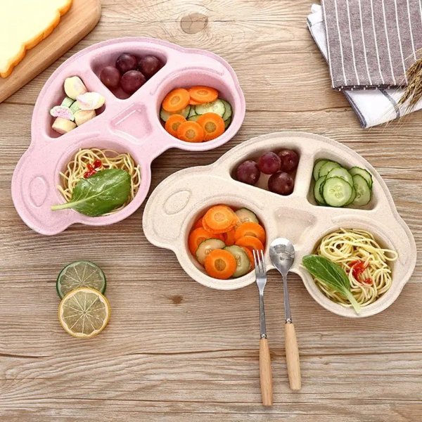 Cartoon Car Shaped Dining Plate With Grid Suitable For Picky Children, Cute And Environmentally Friendly Children's Dining Plate, Wheat Straw Reusable Dining Plate