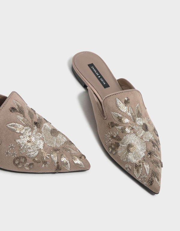 Taupe Floral Embroidered Sliders | CHARLES & KEITH