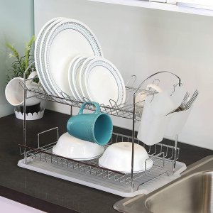 Simple Houseware 2-Tier Dish Rack with Drainboard, Chrome