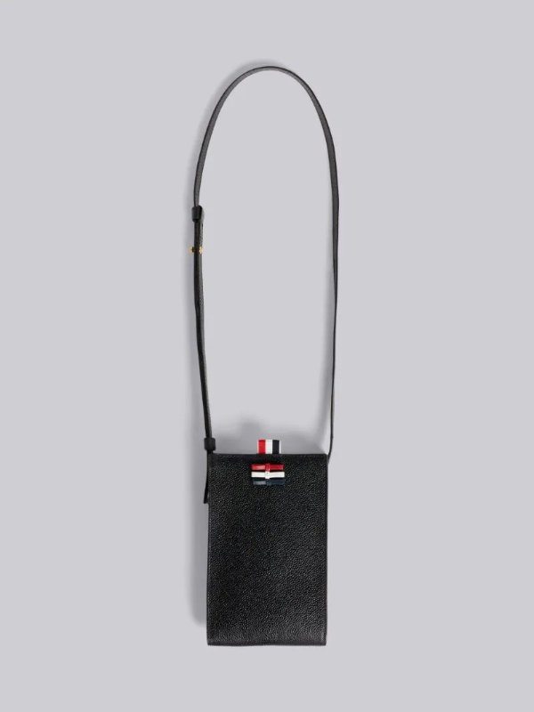 Black Pebble Grain Leather Bow Detail Crossbody Phone Holder With Strap | Thom Browne Official