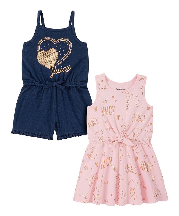 Navy & Pink 'Juicy' Hearts A-Line Dress & Romper - Toddler & Girls