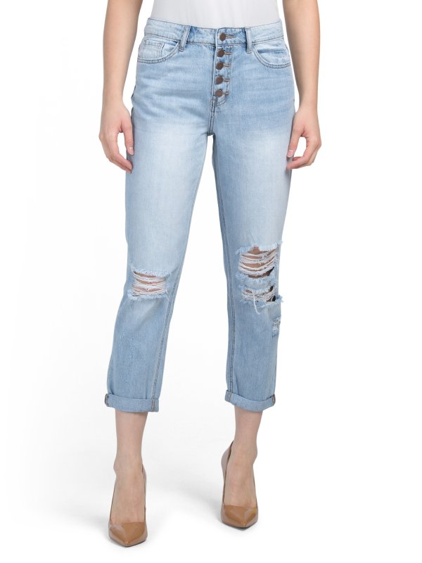 Juniors Distressed Boyfriend Jeans With Exposed Buttons