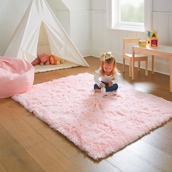Light Pink Area Rugs for Bedroom Girls, 4x6 Fluffy Fuzzy Furry Shag Carpet, Plush Soft Cute Kids Baby Shaggy Bedside Indoor Floor Rug for Teen Dorm Home Decor Aesthetic, Nursery