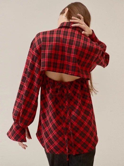 CHECK PRINTED BALLOON SLEEVE BACK DETAIL BL_RED (E