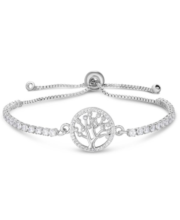 Cubic Zirconia Tree Of Life Adjustable Bolo Bracelet In Fine Silver Plate