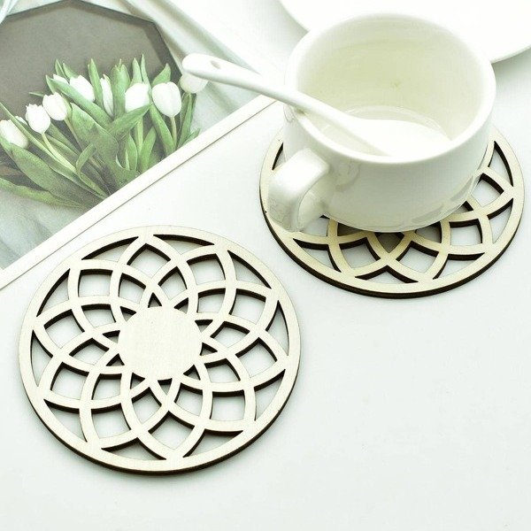 4pcs Hollow Flower Shaped White Coaster, Wood Heat Resistant Cup Mat For Dining Table