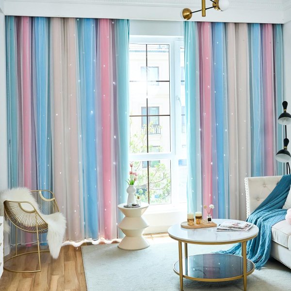 Loyala Star Curtains Blackout Curtains for Bedroom Cute Curtains Kids, 108 Inches Long 2 Panels, Beige & Blue & Pink Curtains, 42 X 108 Inches