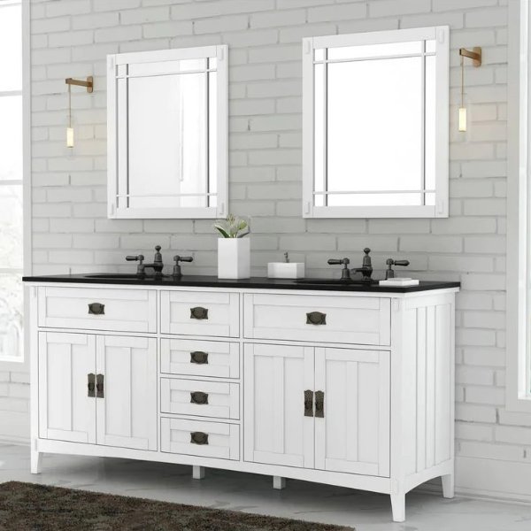 Artisan 72 in. W Vanity in White with Marble Vanity Top in Natural Black with White Sink