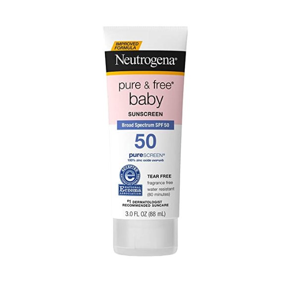 Pure & Free Baby Mineral Sunscreen Lotion with Broad Spectrum SPF 50 & Zinc Oxide, Water-Resistant, Hypoallergenic & Tear-Free Baby Sunscreen, 3 fl. oz