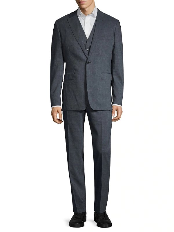 3-Piece Standard-Fit Linen & Wool-Blend Suit