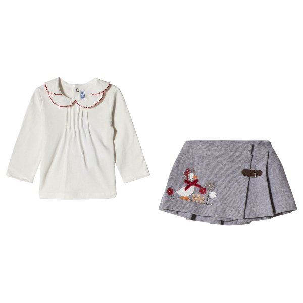 White Embroidered Collar Top with Grey Duck Applique Skirt | AlexandAlexa