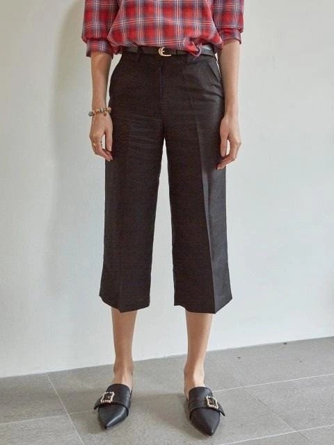 Linen Wide Crop Pants Belt Set_Black