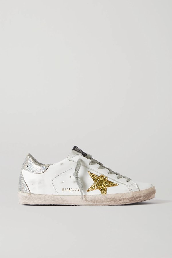 Superstar distressed glittered leather sneakers
