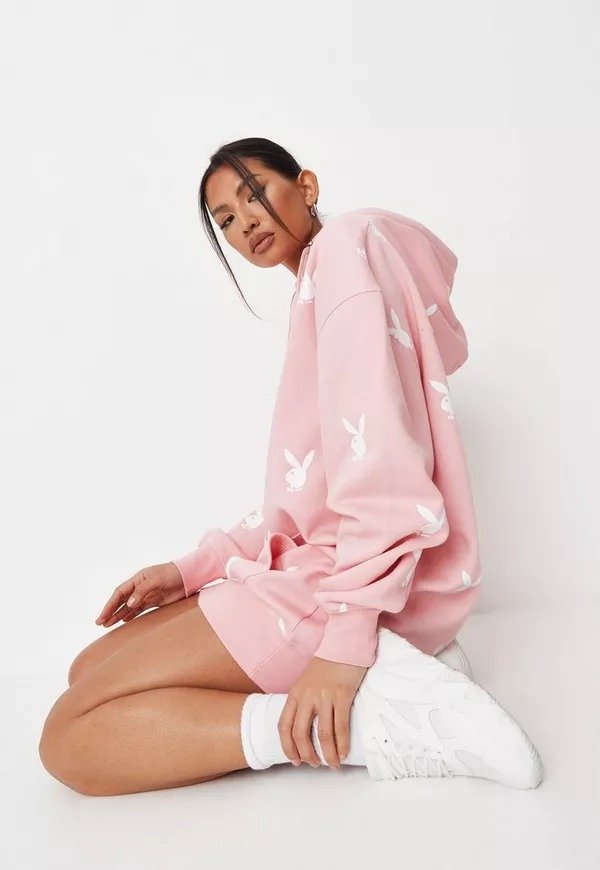 - Playboy xPink Extreme Oversized Repeat Print Hoodie Dress