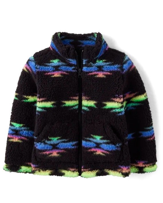 Toddler Girls Print Sherpa Zip-Up Jacket - black