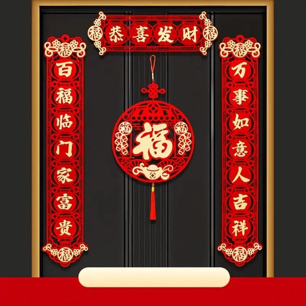 1set 2024 Year Of The Dragon Spring Festival Couplets, Couplets Horizontal Couplets Fu Character, Three-dimensional Flocking Couplets, Flannelette Self-adhesive Spring Festival Couplets, Entry Door High-grade Small Door And Large Door