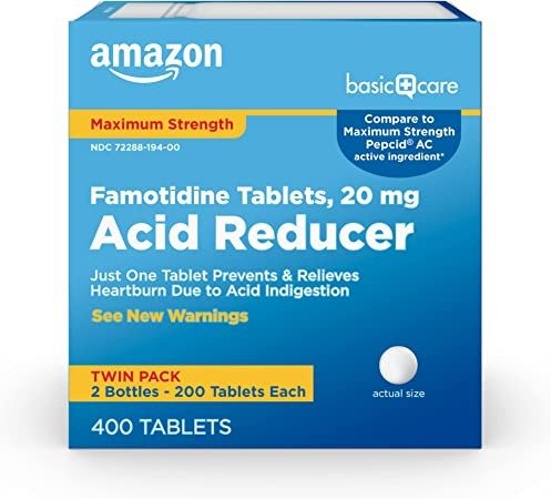 Amazon Basic Care Maximum Strength Famotidine Tablets 20 mg, Acid Reducer for Heartburn Relief, 400 Count