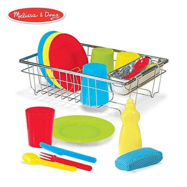 Let’s Play House! Wash & Dry Dish Set, 4 Place Settings, Use with Kitchen Set or Stand-Alone, 24 Pieces, 4” H x 11.5” W x 8.5” L