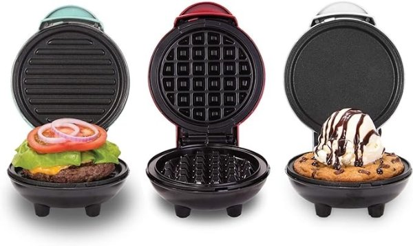 Mini Waffle Maker + Grill + Griddle, 3 in 1 Pack - Red/Aqua/White