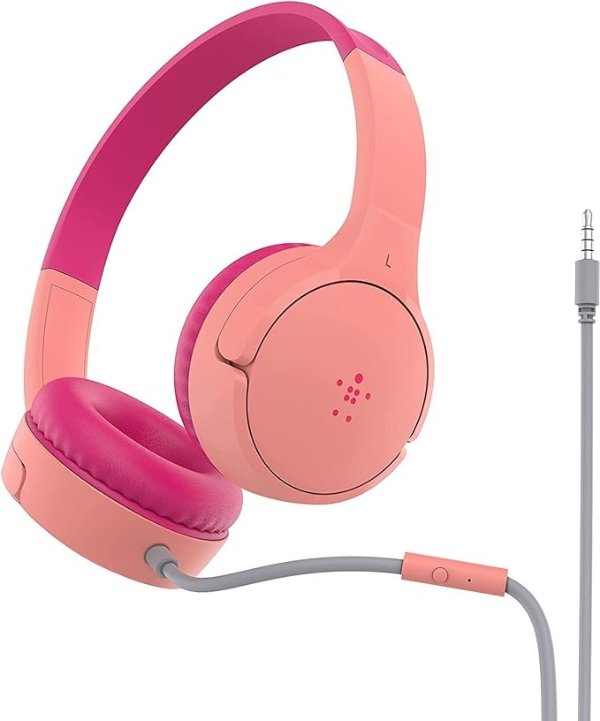 SoundForm Mini Kids Wired Headphones with Built-in Microphone & Fun Stickers, Over-Ear Headsets for Online Learning, School, Travel, Compatible w/iPhone 15, iPad, Galaxy S23, & More - Pink
