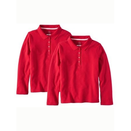 Girls School Uniform Long Sleeve Interlock Polo, 2-Pack Value Bundle