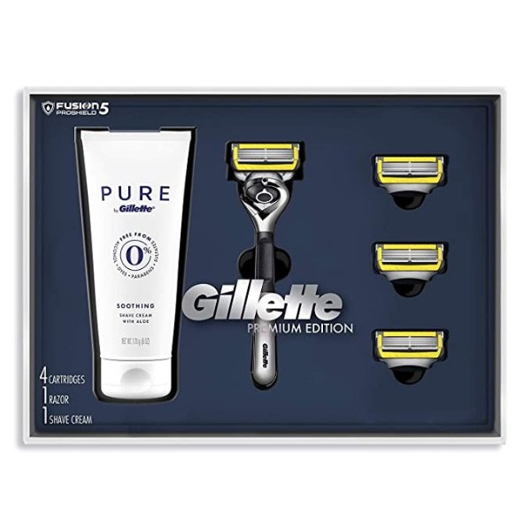 Fusion Proshield Shave Gift Set for Men, 4 Fusion Proshield Blade Refills, 1 Razor Handle, 1 PURE 6oz Shave Cream