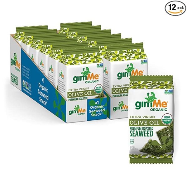 gimMe Organic Roasted Seaweed Sheets - Extra Virgin Olive Oil - 12 Sharing Packs - Keto, Vegan, Gluten Free - Great Source of Iodine and Omega 3’s - Healthy On-The-Go Snack for Kids & Adults