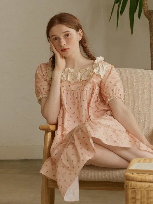 Floral Short Sleeve Dress Pajama_Peach