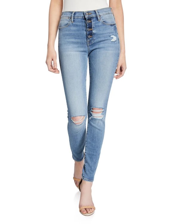 Le High Skinny Distressed Jeans w/ Button Fly
