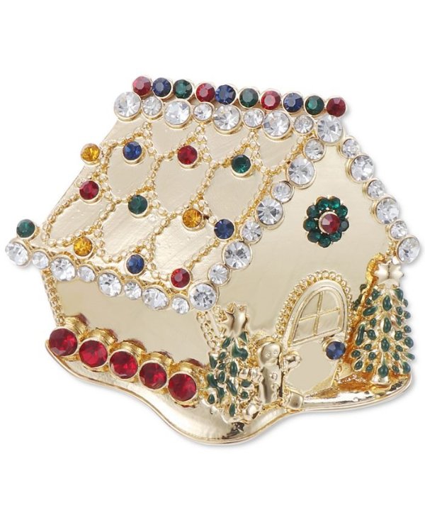 Gold-Tone Multicolor Crystal Gingerbread House Pin, Created for Macy's