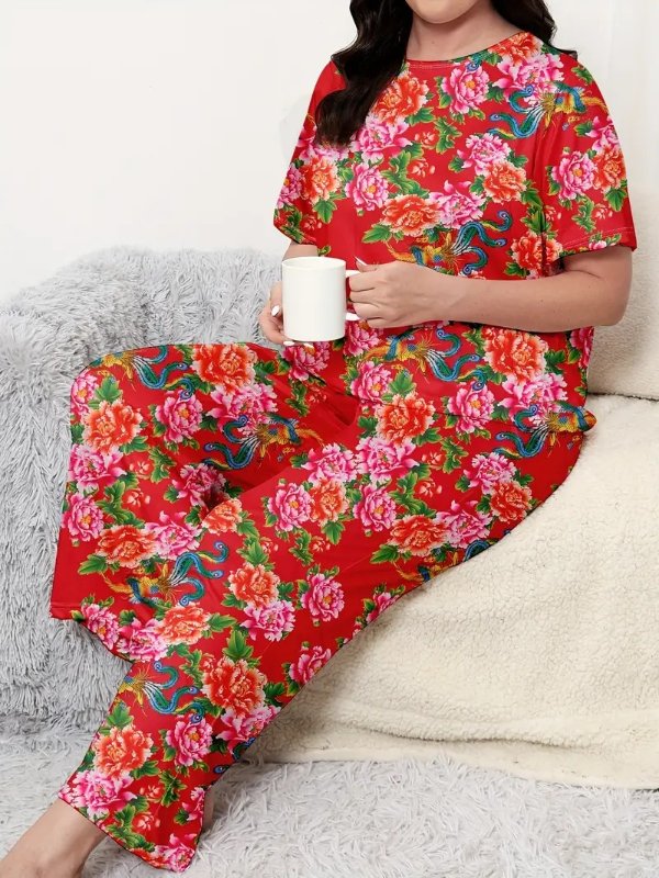 Women's Chinese Traditional Northeast Flower Print Short Sleeve Top & Pants Pajamas Set, Plus Size Novelty Lounge 2 Piece Set