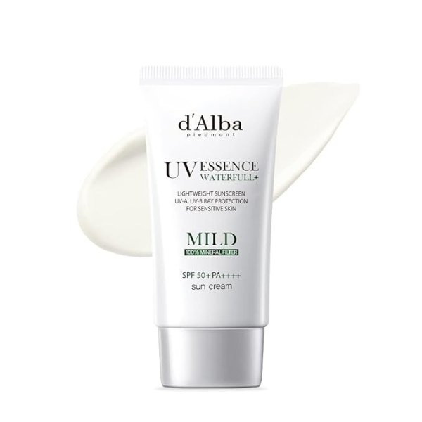 d'Alba Italian White Truffle Waterfull Mild Sunscreen, Vegan Skincare, Mineral Sunscreen with SPF 50+ PA++++, Non-Nano Sunscreen Suitable for Sensitive Skin, Gentle and Light Finish