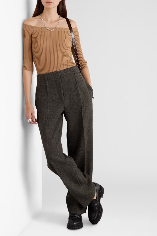 Off-the-shoulder ribbed wool and cashmere-blend sweater