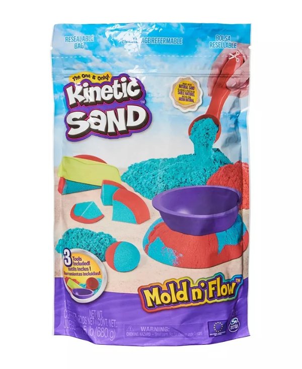 Mold N' Flow, 1.5 Red and Teal Play Sand, 3 Tools Sensory Toys for Kids Ages 3 Plus