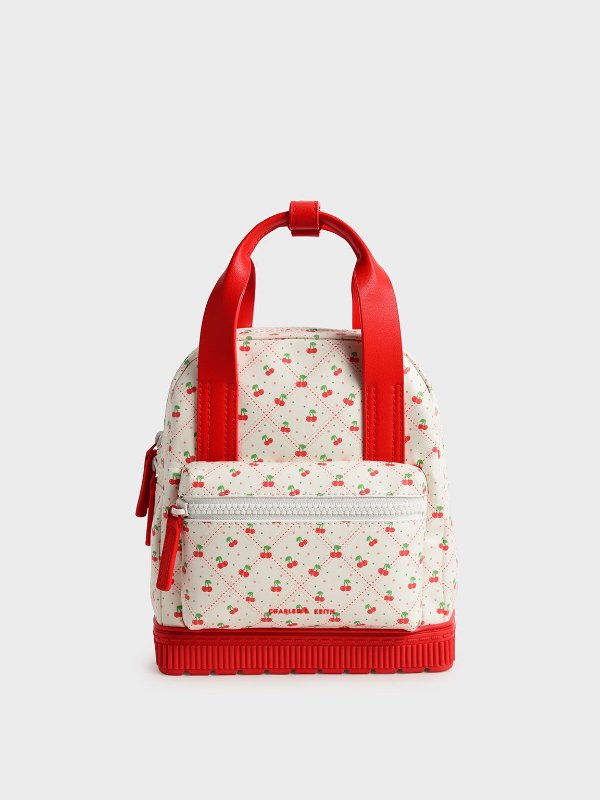 Red Girls' Cherry-Print Double Top Handle Backpack | CHARLES &amp; KEITH