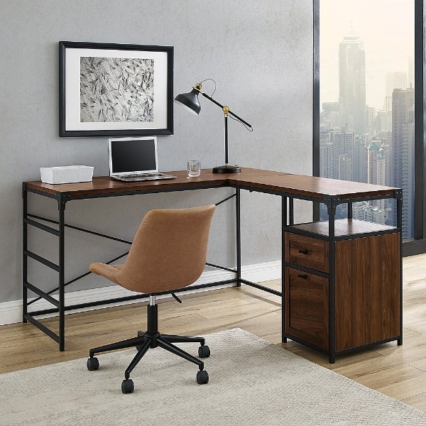 59” Urban Industrial 2 Drawer L Shaped Desk - Dark walnut