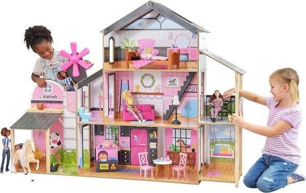 Windmill Elevator 2-in-1 Wooden Barn & Dollhouse with Horse and Lights & Sounds, Over 3 Feet Tall, Pink