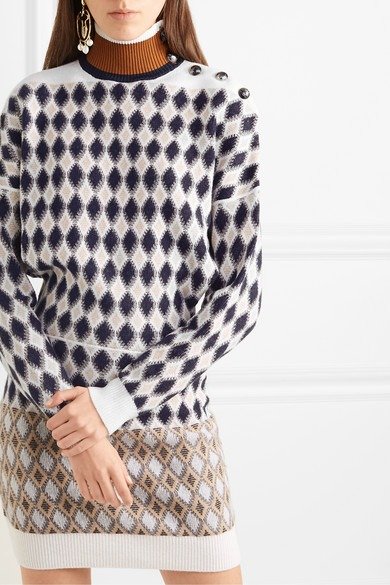 Button-embellished argyle merino wool-blend mini dress