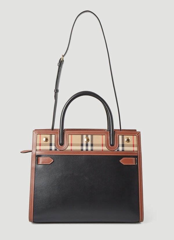 Title Leather-Check Tote Bag in Black