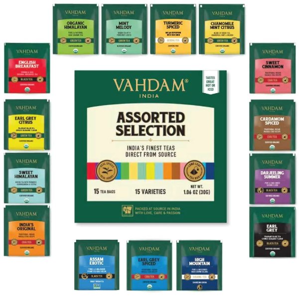 Assorted Tea Bags Sampler | 15 Variants, 15 Count