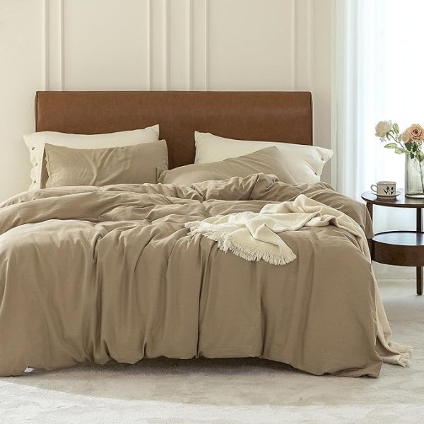 Duvet Cover Set 100% Washed Cotton 3 Pieces Bedding Set Twill Soft Cozy Breathable Sturdy Substantial with Textured Weave Solid Camel Full/Double